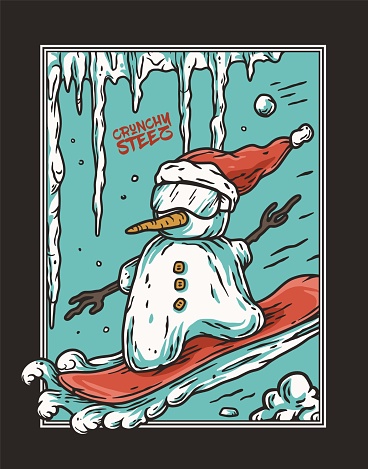 Winter snowman in snow goggles on snowboard for print design. Winter ice design with iceman and icicles for merry christmas holiday or new year