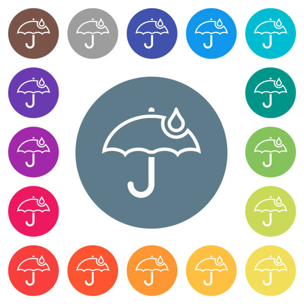 Umbrella with single raindrop outline flat white icons on round color backgrounds Umbrella with single raindrop outline flat white icons on round color backgrounds. 17 background color variations are included. aegis stock illustrations