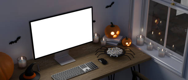 istock Modern dark home workspace in Halloween theme, blank PC desktop computer mockup 1421837487