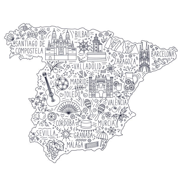 stylized doodle illustrated map of spain. landmarks, attractions and cities. travel concept. monochrome vector illustration. - murcia stock illustrations