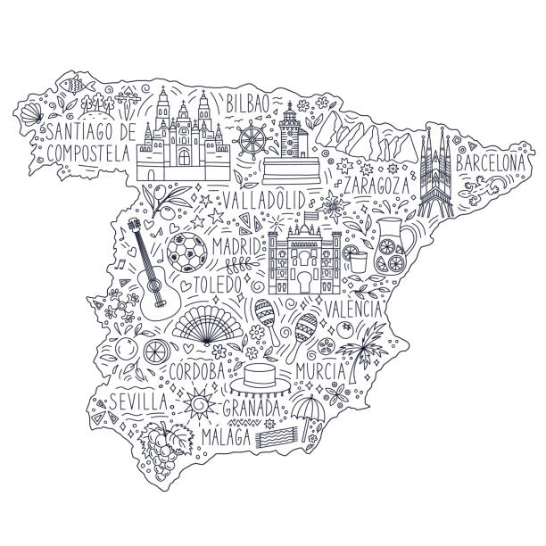 Stylized doodle illustrated map of Spain. Landmarks, attractions and cities. Travel concept. Monochrome vector illustration. Stylized doodle illustrated map of Spain. Landmarks, attractions and cities. Travel concept. Monochrome black and white vector illustration. the flag of the madrid spain stock illustrations