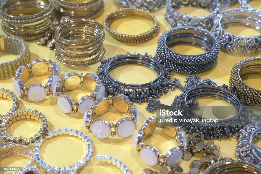 Indian Traditional jewellery displayed in a street shop for sale in Pune, Maharashtra. Indian art, Indian Traditional jewelry. Antique Stock Photo
