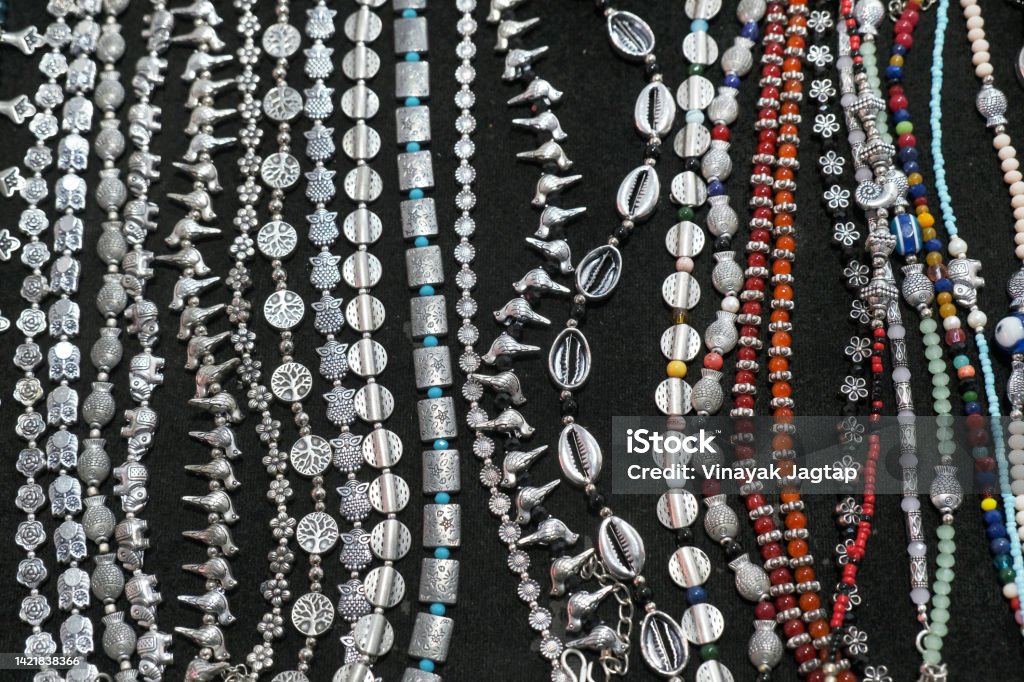 Indian Traditional jewellery displayed in a street shop for sale in Pune, Maharashtra. Indian art, Indian Traditional jewelry. Antique Stock Photo