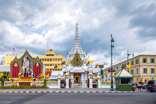 Bangkok, Thailand - September 9, 2019:  Front view of Bangkok City Pillar Shrine or Wat Lak Muang, one of the historical landmarks, view from the front at Wat Phra Kaew or Wat Phra Sri Rattana Satsadaram.