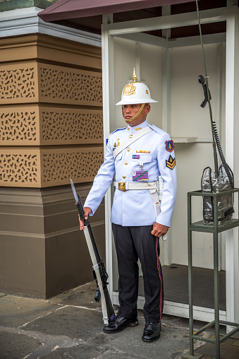 Bangkok, Thailand - September 9, 2019: Thai royal Kings guard in full formal uniform at Grand Palace Bangkok