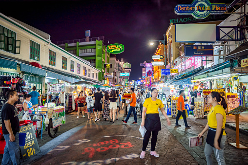 Bangkok, Thailand - September 9, 2019: Tourists at Khao San Road night market. Khao San Road is a famous low budget hotels and guesthouses area in Bangkok.