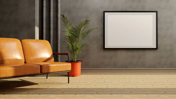 istock Stylish Composition At Living Room Interior With Design Old Style Sofa, Wall Frame, Grunge Wall, Elegant Look Concept In Modern Home Decor. Empty Space. 3D Illustration 1421849058
