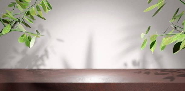 istock Empty Red Stone Table Top For Brand Exhibit. Abstract Plain Wall Background With Tropical Leaves On the Side And Shadow Leaf Effect. 3D Render Illustration 1421849988