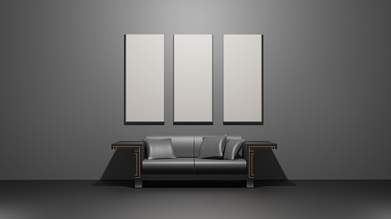Three empty photo frame for mockup in living room. 3D rendering