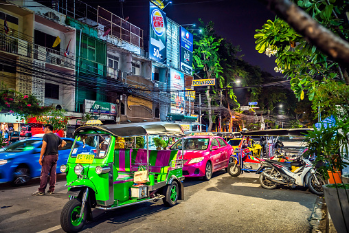 Bangkok, Thailand - September 9, 2019: Thai tuktuk and taxis near Khao San Road waiting for clients, Bangkok