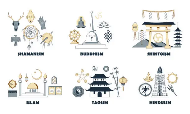 Vector illustration of Hinduism, Shamanism, Shinto, Buddhism, Taoism. Vector concepts of Eastern religions.