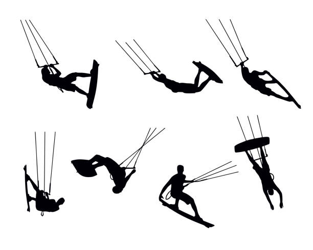 illustrazioni stock, clip art, cartoni animati e icone di tendenza di vettoriale kitesurf silhouette sport acquatici trucchi - wakeboarding surfing men vacations