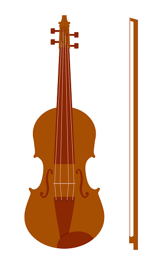 Violin is isolated on a white background. A bowed musical instrument. Flat style. Vector.