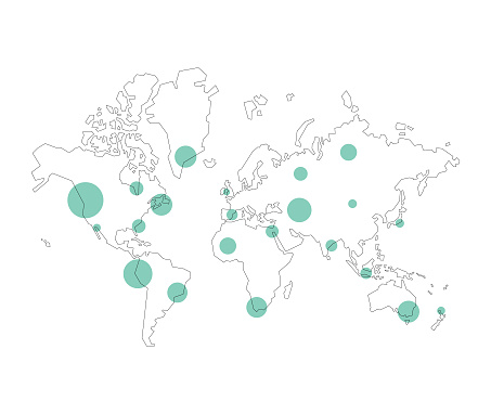 Vector illustration of a world map with editable strokes and dots all over. Cut out design element on a transparent background on the vector file.