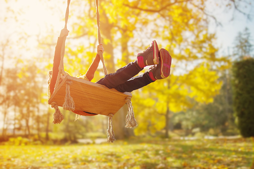 Child swinging on the swing n the sunny autumnal park. Concept of the healthy lifestyle and family vacation.