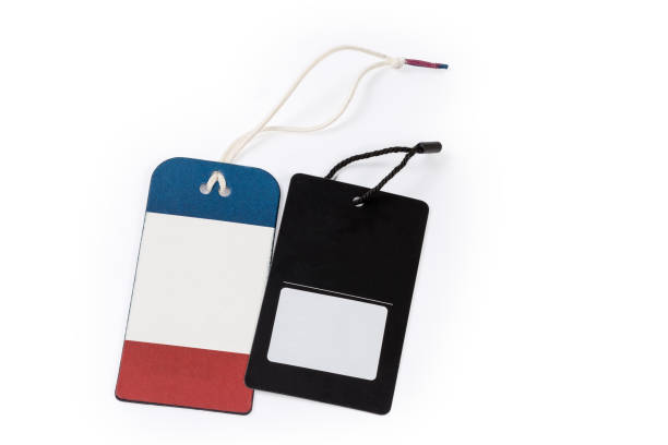 istock Red blue and black carton clothing swing tags on ropes 1421856155