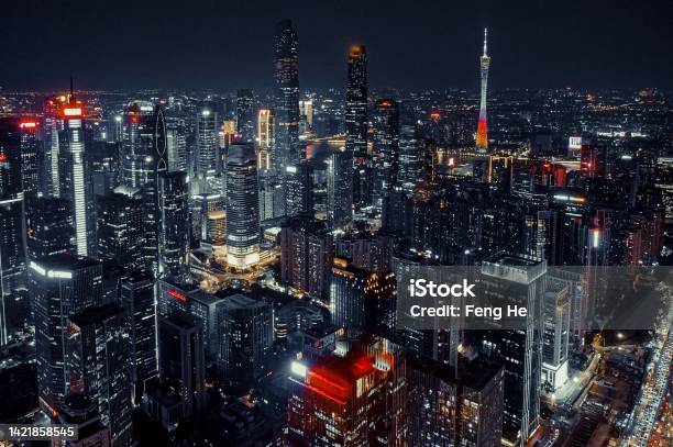 Panorama Of Guangzhou At Night Stock Photo - Download Image Now - Guangzhou, Night, Aerial View