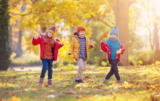 istock Three children walking together in autumnal park. 1421859068