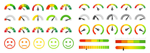 set speedometer warna. tingkat meteran. meteran baik dan buruk. skala berwarna. gauge. indikator dengan warna berbeda. pengukur, dasbor, skala, indikator. meteran tingkat kepuasan pelanggan. - meteran parkir ilustrasi stok
