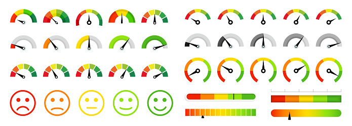 Colour speedometer set. Meter level. Good and Bad meter. Colored scale. Gauge. Indicator with different colors. Gauge, dashboard, scale, indicator. Customer satisfaction level meter.