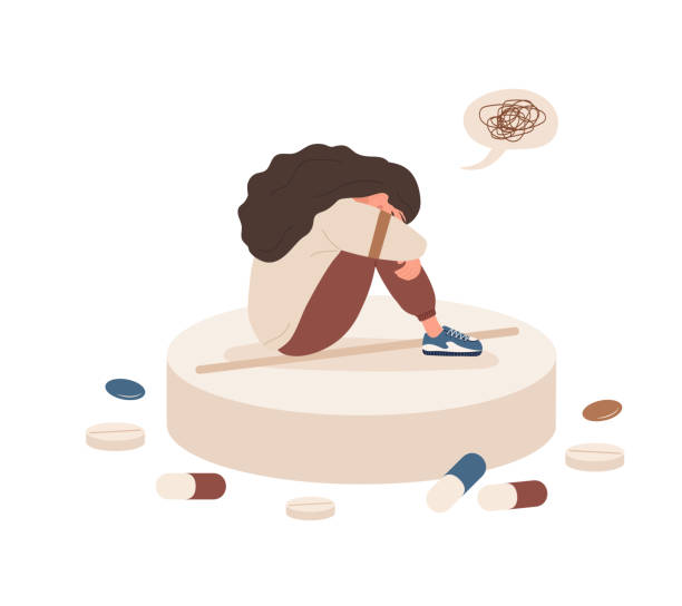 депрессивная женщина сидит на огромной таблетке. грустная девушка с головной болью. понятие психических расстройств. антидепрессанты, вит� - anti depressant illustrations stock illustrations