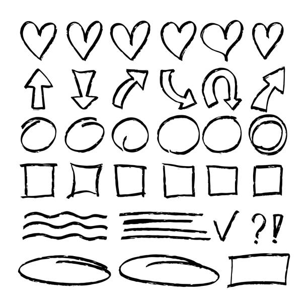 istock Set of black ink textured doodle symbols - hearts, circles, box, lines, arrows. Vector illustration hand drawn scribbles collection isolated on white background 1421861337