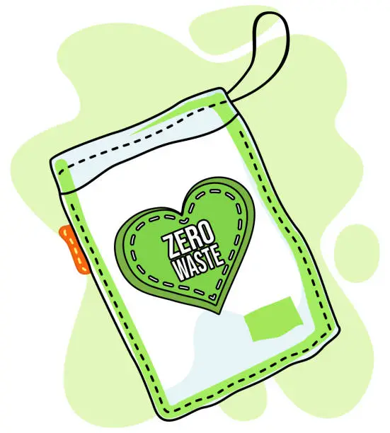 Vector illustration of Eco handbag with handle with green heart, logo zero waste, reused bag, eco friendly concept