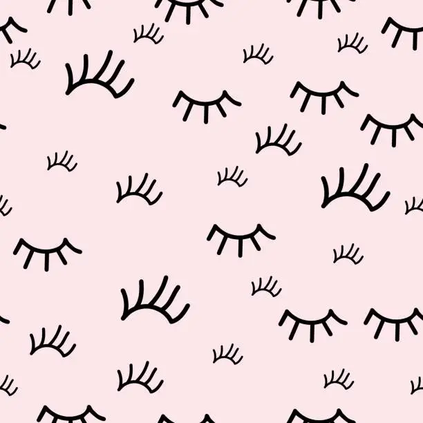 Vector illustration of Seamless pattern of eyelashes on a pink background.