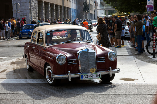 Nova Gorica, Slovenia - 28. August 2022: Old Vintage Car and Motorcycle Reunion Show in Town Center, Here an Old Mercedes from 60's