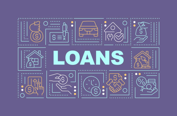 Loans word concepts dark purple banner Loans word concepts dark purple banner. Banking products for customers. Infographics with editable icons on color background. Isolated typography. Vector illustration with text. Arial-Black font used types of loans stock illustrations