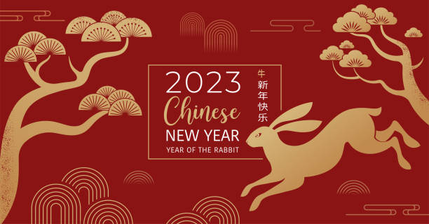 토끼의 중국 새해 2023 년 - 중국 조디악 상징, 음력 새해 개념, 현대적인 배경 디자인 - 토끼 stock illustrations
