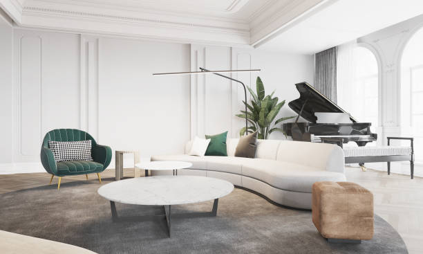 istock Interior living room modern style,white sofa with windows background. 3D illustration 1421864356