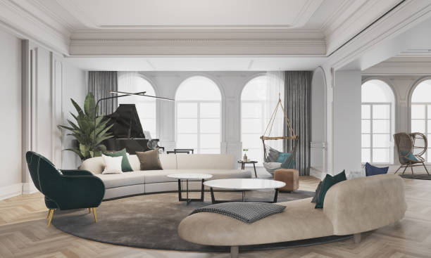 istock Interior living room modern style,white sofa with windows background. 3D illustration 1421864359