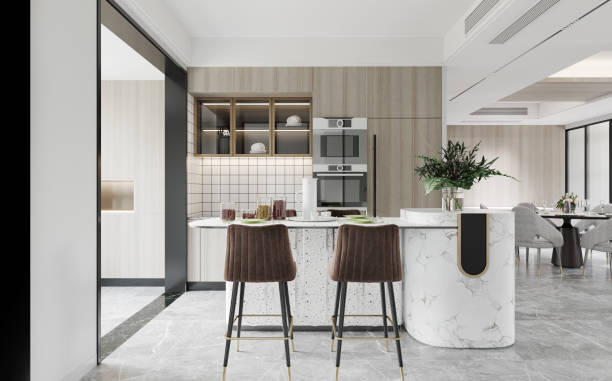 istock Modern Dining and kitchen interior with dining table and chairs.3D illustration 1421864898