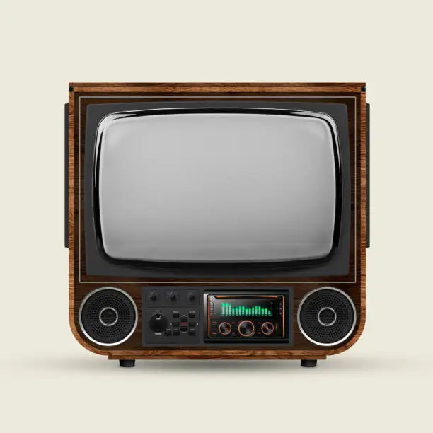 Photo of Old-fashioned TV with built-in sound system. Upgraded version of retro tv set with blank grey screen isolated over white background.