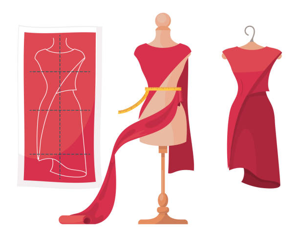 Process of dressmaking, red pattern of dress, process of sewing dress at mannequin, ready cloth Vector illustration isolated at white background. Process of dressmaking. Pattern of elegant dress with marked fields. Sewing dress, glamour dress at mannequin. Ready fashionable cloth at hanger haute couture stock illustrations