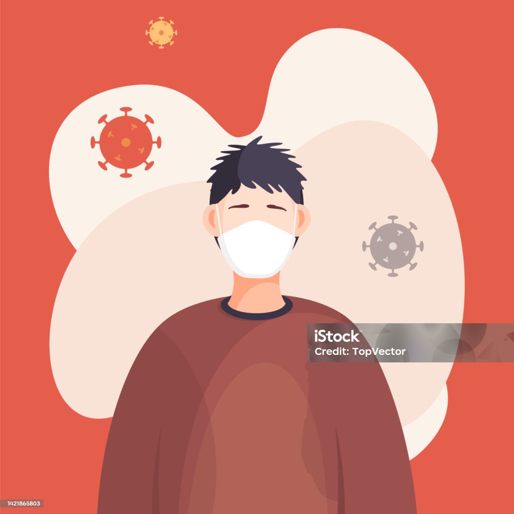 Pathogen Mask Young Guy In Respiratory Mask Protecting From Flying Virus Pathogen ...