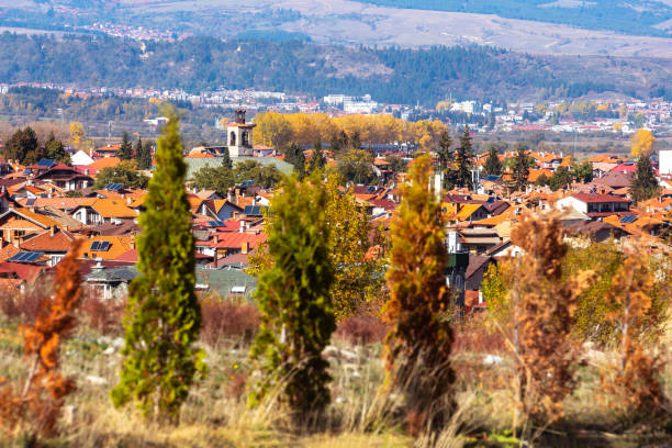 istock Bansko, Bulgaria, town autumn panorama 1421866574