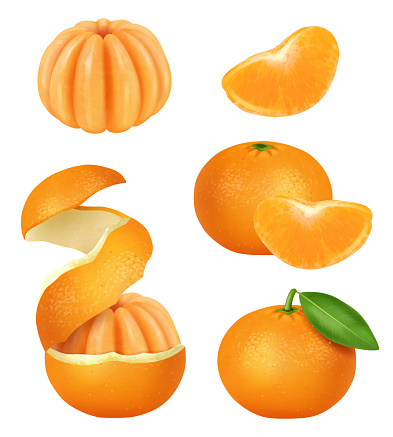 Sliced orange. Realistic peeled mandarin and orange skin natural helthy juicy food decent vector template. Illustration of mandarin fruit and citrus