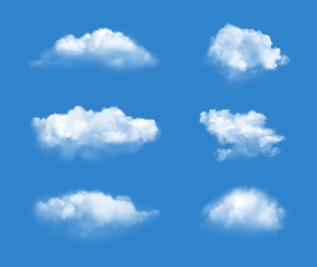 Clouded blue sky. Perfect realistic summer white clouds isolated on azure background, beautiful natural cumulus. Vector sky background air, environment blue and cloud illustration