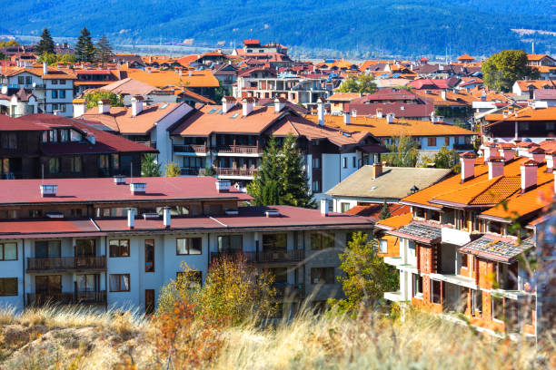 istock Bansko, Bulgaria, town autumn panorama 1421866920