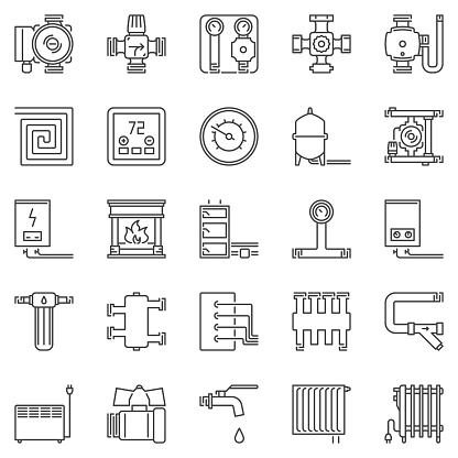 Heating and boiler room outline icons set. Vector collection of pumps and heaters linear signs