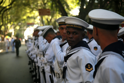 salvador, bahia, brazil - september 7, 2022: military personnel of the Brazilian Navy participate in the military parade commemorating the independence of Brazil in the city of Salvador.