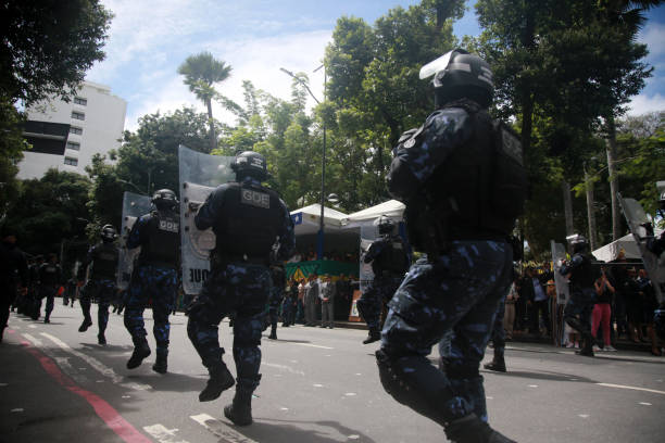 Salvador, Bahia, Brazil - September 07, 2024: Fire brigade soldiers are seen marching during a celebration of Brazilian independence in the city of Salvador, Bahia.