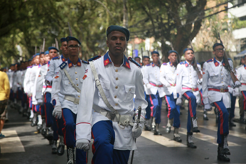 salvador, bahia, brazil - september 7, 2022: members of the military school fanfare participate in the military parade commemorating the independence of Brazil, in the city of Salvador.