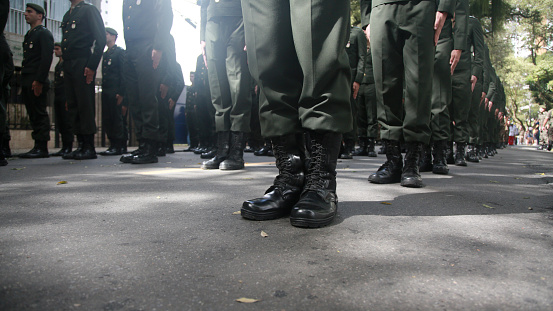 Salvador, Bahia, Brazil - Setembro 07, 2022: Soldiers from the Bahia Military Police are equipped and standing waiting for the start of the Brazilian independence day parade in the city of Salvador.