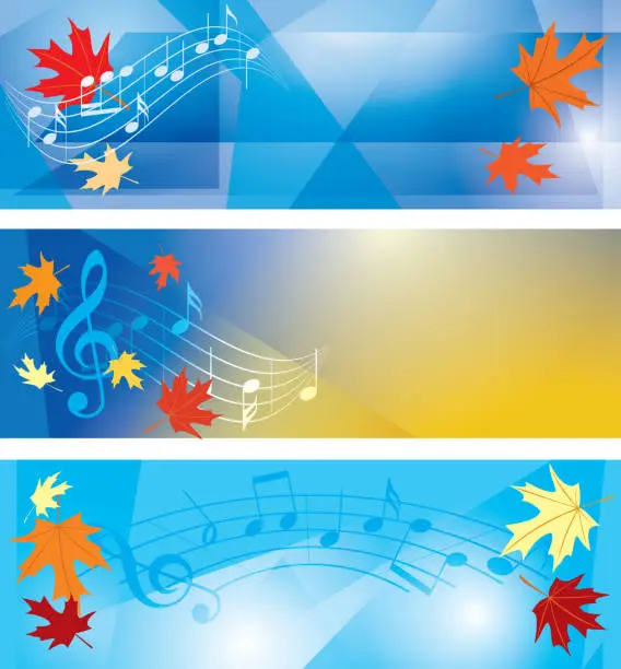 Vector illustration of blue autumn backgrounds - vector banners with music notes and maple leaves