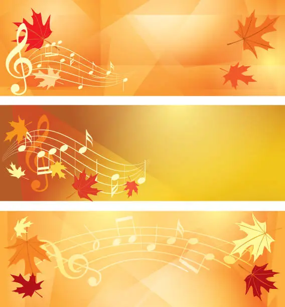 Vector illustration of orange abstract autumn backgrounds - vector banners with music notes and maple leaves