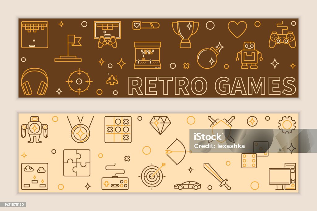 Game Library Banner Set Of Two Retro Games Linear Banners Vector Illustration Stock ...