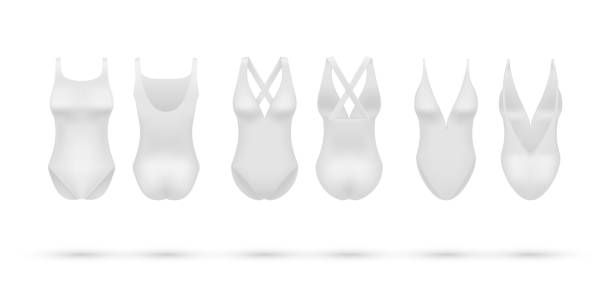 белая женщина купальники цельный купальный костюм установлен реалистичной векторной иллюстрацией. женский купальник - swimwear bikini lingerie panties stock illustrations